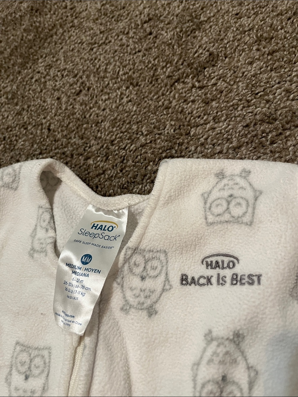 HALO White Sleep Sack with Gray Owl Print - Picture 2 of 3